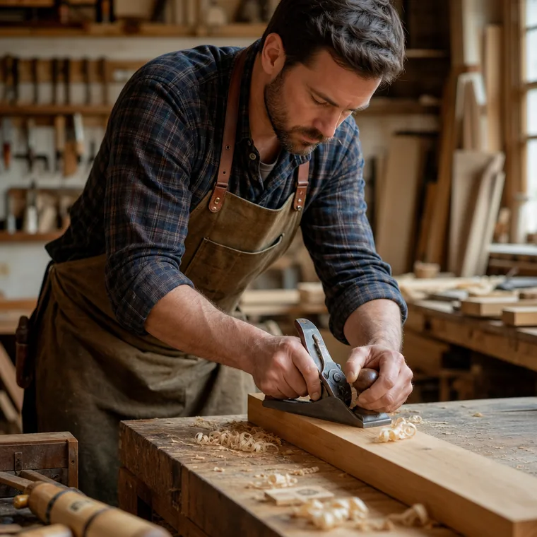 A woodworker hand-planing wood at a workbench